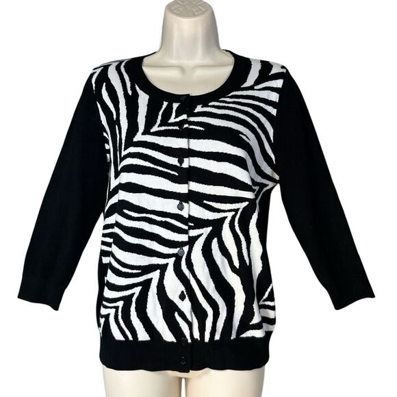 Talbots Woman MP Zebra Print Cardigan Cotton Blend Soft Artsy Mature Money Luxe‎ - Picture 1 of 13